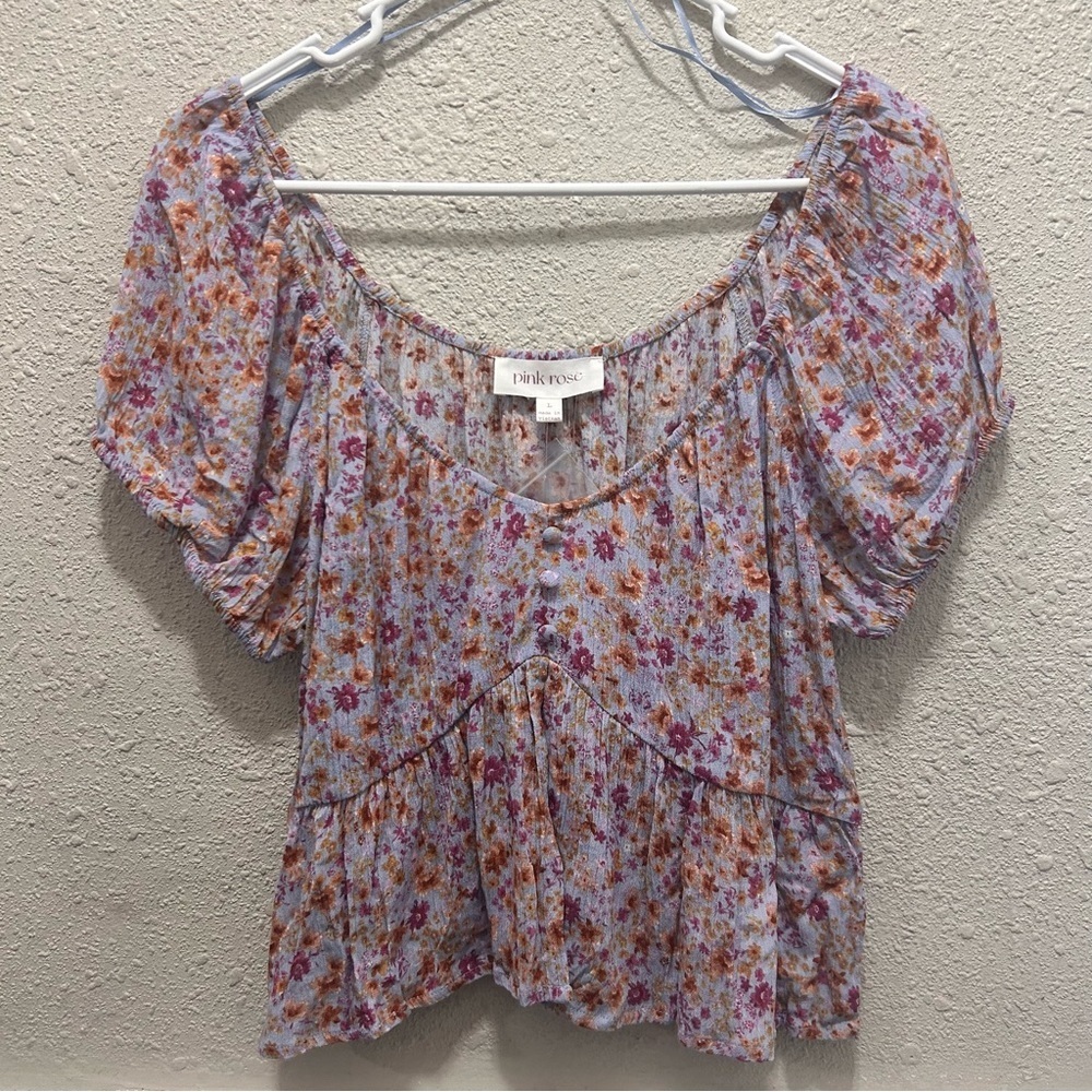 Pink Rose Floral Crop Top Size Large Blue Floral